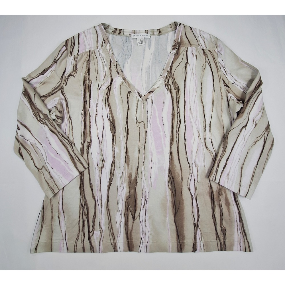 St John Sport Womens XL V-Neck 3/4 Sleeve Top Abstract Marble Print Taupe Lilac